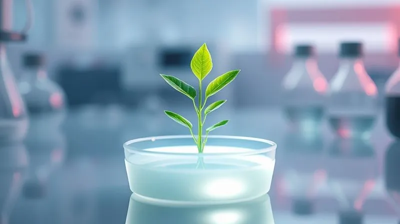 A photorealistic image showing a delicate, vibrant green plant growing out of a futuristic, glowing petri dish in a clean, modern laboratory setting. The plant is surrounded by soft, ethereal light, symbolizing harmony between nature and advanced science. Cinematic lighting, sharp focus on the plant, depth of field blurring the lab equipment in the background, 8K hyper-detailed, professional photography.