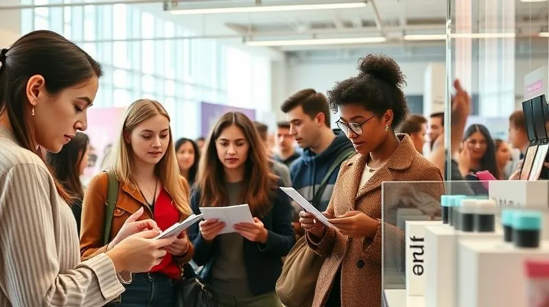 A photorealistic, brightly lit image of a diverse group of people (various ages and ethnicities) intently reading information on transparent screens, interacting with cosmetic product displays, and engaging in lively conversations. The setting is a modern, airy exhibition space with natural light. Focus on their expressions of curiosity and understanding. Shot on a high-end DSLR, 8K hyper-detailed, cinematic lighting.