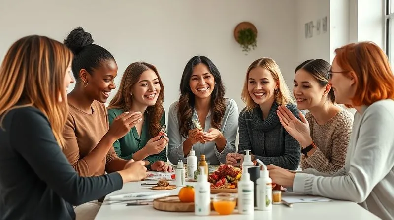 A photorealistic, warm and inviting image of a diverse group of women of different ages and ethnicities gathered around a table, actively testing and discussing novel cosmetic products. They are laughing, sharing insights, and examining ingredients with genuine curiosity. The setting is a bright, modern studio with natural light, emphasizing community and shared discovery. Shot on a high-end DSLR, 8K hyper-detailed, cinematic lighting, professional photography.