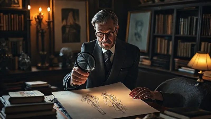 photorealistic, professional photography, 8K, cinematic lighting, sharp focus, depth of field, shot on a high-end DSLR, a discerning, elegant figure in a dimly lit, luxurious study, holding a magnifying glass over a detailed sketch of an avant-garde haute couture garment, their expression thoughtful and analytical, surrounded by art books and antique objects, conveying an atmosphere of intellectual appreciation for art and design.