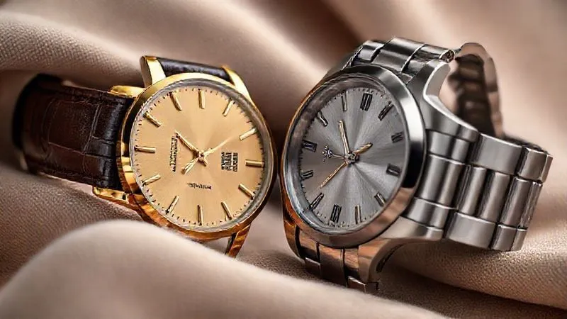 A photorealistic, professional photography, 8K, cinematic lighting, sharp focus, depth of field, shot on a high-end DSLR, showcasing a close-up of two watches side-by-side. On the left, a slim, polished gold dress watch with a dark alligator leather strap. On the right, a robust, brushed stainless steel sports watch with a metal bracelet. Both are artfully arranged against a backdrop of fine fabrics, highlighting their material and finish differences.
