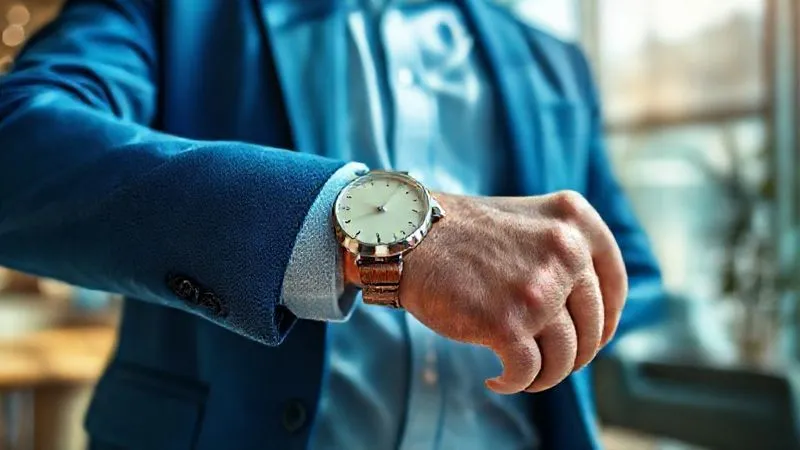A photorealistic, professional photography, 8K, cinematic lighting, sharp focus, depth of field, shot on a high-end DSLR, showing a man's wrist with a stylish business casual outfit. He's wearing a blue blazer, a light button-down shirt, and a stainless steel watch with a cream dial and a brown leather strap. The setting is a modern, sunlit office lounge, conveying relaxed professionalism.
