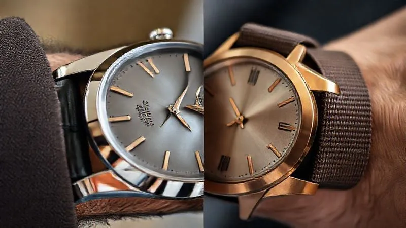 A photorealistic, professional photography, 8K, cinematic lighting, sharp focus, depth of field, shot on a high-end DSLR, close-up of a man's wrist. On one side, a watch with a highly polished silver case and a sleek black leather strap. On the other, a watch with a brushed bronze case and a rugged brown NATO strap. The image highlights the contrasting textures and formality levels of the straps and cases.
