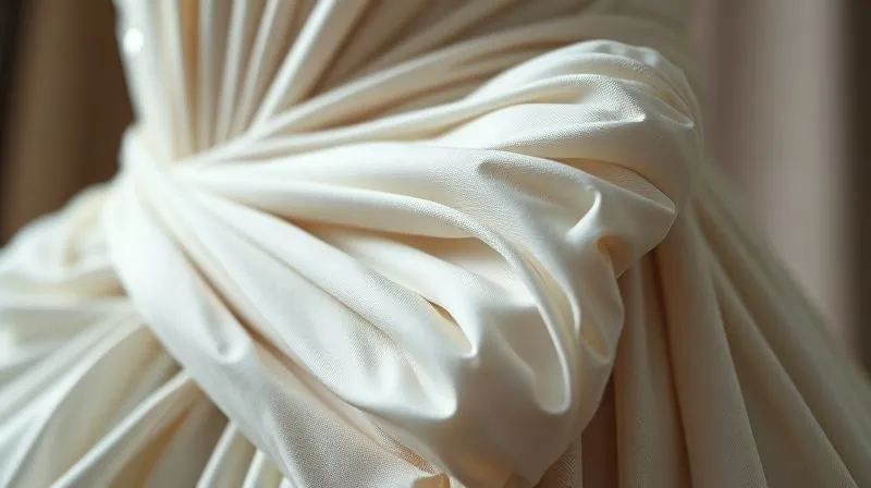 A close-up, photorealistic professional photograph, 8K, cinematic lighting, sharp focus on the intricate, textural details of an avant-garde bridal gown's fabric, highlighting unusual pleats and sculptural elements, depth of field blurring the rest of the dress.