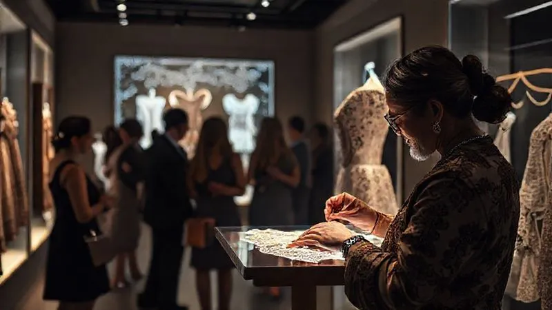 photorealistic, professional photography, 8K, cinematic lighting, sharp focus, depth of field, shot on a high-end DSLR. An elegant, dimly lit gallery space featuring a luxury fashion brand's new collection. Guests in sophisticated attire are interacting with a holographic display of garment details and a master artisan demonstrating intricate hand embroidery. The atmosphere is exclusive and highly engaging, with soft, artistic lighting highlighting textures and craftsmanship.