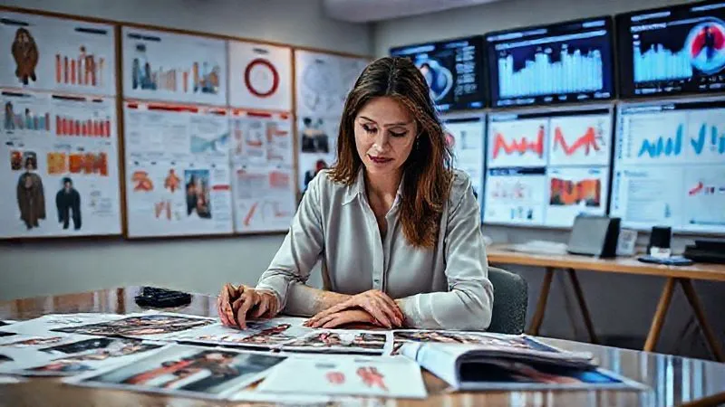 photorealistic, professional photography, 8K, cinematic lighting, sharp focus, depth of field, shot on a high-end DSLR. A creative director at a luxury fashion brand's headquarters, surrounded by mood boards and digital screens displaying analytics dashboards. She is thoughtfully reviewing content repurposing strategies, with images of runway shows, behind-the-scenes footage, and influencer collaborations laid out, symbolizing the strategic planning for post-event engagement and content longevity.