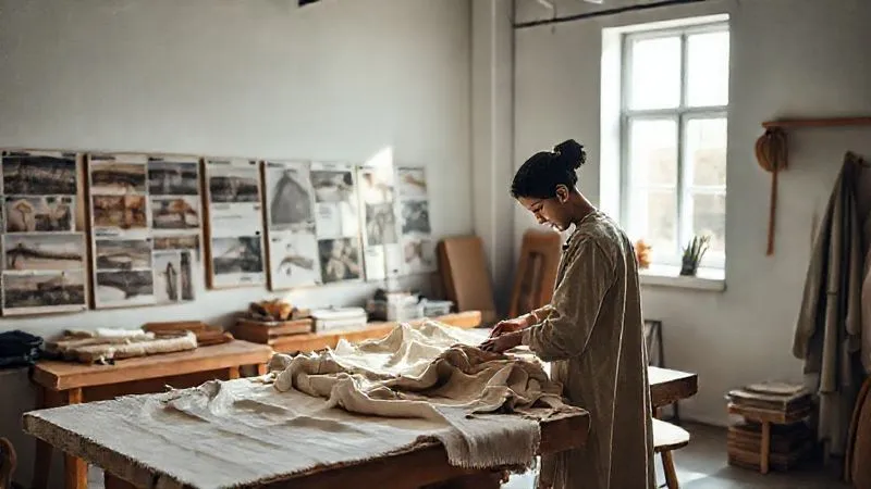 photorealistic, professional photography, 8K, cinematic lighting, sharp focus, depth of field, shot on a high-end DSLR. A minimalist luxury atelier with natural light streaming in. On a workbench, a designer is meticulously working with sustainable, organic fabrics, surrounded by mood boards featuring images of ethical supply chains and diverse artisanal communities. The scene conveys a sense of purpose, craftsmanship, and responsible luxury, with a focus on natural textures and understated elegance.