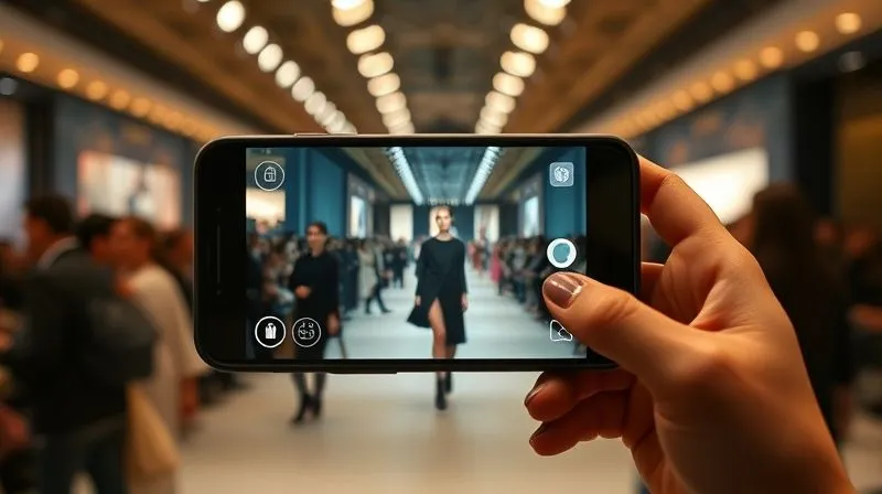 A photorealistic image of a sleek, minimalist smartphone displaying a high-definition livestream of a luxury fashion runway show, with subtle AR elements overlaying interactive product tags, cinematic lighting, sharp focus on the phone screen and blurred background of a bustling fashion week venue, 8K, professional photography, depth of field, shot on a high-end DSLR.