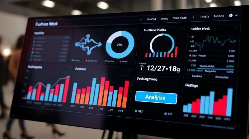 A photorealistic image of a sleek, modern data dashboard displaying various charts and graphs related to fashion week ROI metrics, with a prominent 'Analysis' button highlighted, cinematic lighting, sharp focus on the dashboard, depth of field blurring a designer sketching in the background, 8K, professional photography, shot on a high-end DSLR.