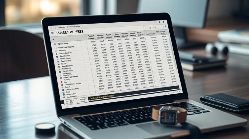 A photorealistic image of a detailed financial spreadsheet on a laptop screen, with sections highlighted for cost savings and budget optimization, a sleek, modern luxury fashion accessory (e.g., a watch or a small leather good) subtly placed next to the laptop, cinematic lighting, sharp focus on the screen, depth of field blurring a designer's desk in the background, 8K, professional photography, shot on a high-end DSLR.