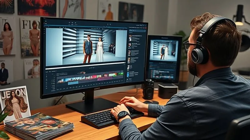 A photorealistic image of a content creator meticulously editing a high-definition video of a luxury fashion show on a large monitor, surrounded by mood boards and fashion magazines, cinematic lighting, sharp focus on the editing software, depth of field blurring the creative studio, 8K, professional photography, shot on a high-end DSLR, conveying post-production and content amplification.