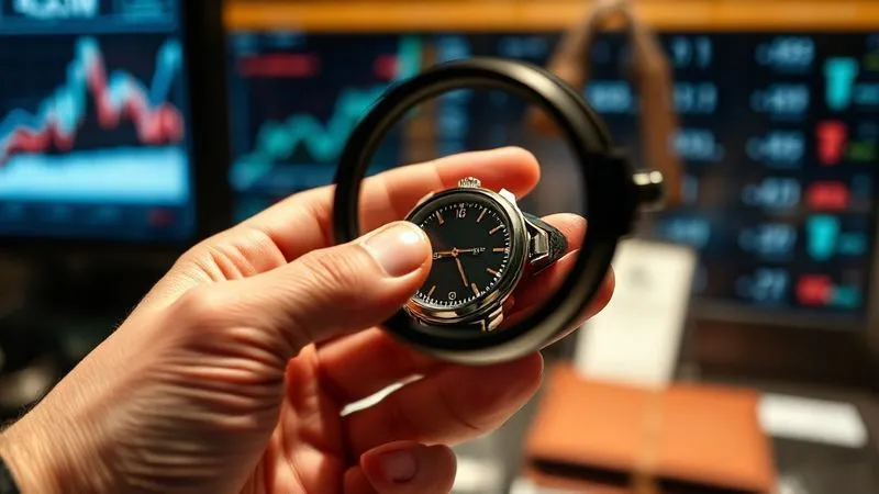 A photorealistic image of a hand meticulously examining the details of a limited edition luxury item (e.g., a handbag clasp or watch dial) under a jeweler's loupe, with market trend graphs and brand logos subtly visible in the background on a blurred screen. Professional photography, 8K, cinematic lighting, sharp focus, depth of field, emphasizing research and informed decision-making.