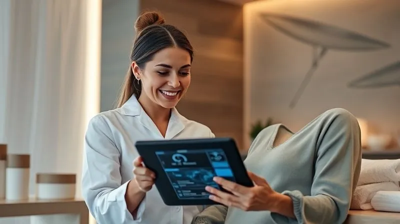 A photorealistic image of a spa aesthetician confidently explaining AI skin analysis results on a tablet to a discerning client, both smiling. The spa environment is modern and luxurious. Cinematic lighting, sharp focus on their interaction, depth of field blurring the background. 8K hyper-detailed.
