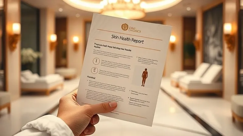 A photorealistic close-up of a luxury spa client's hand holding a beautifully designed, personalized 'Skin Health Report' generated by AI, with a soft-focus background of opulent spa interiors. Cinematic lighting, sharp focus on the report details, depth of field. 8K hyper-detailed.