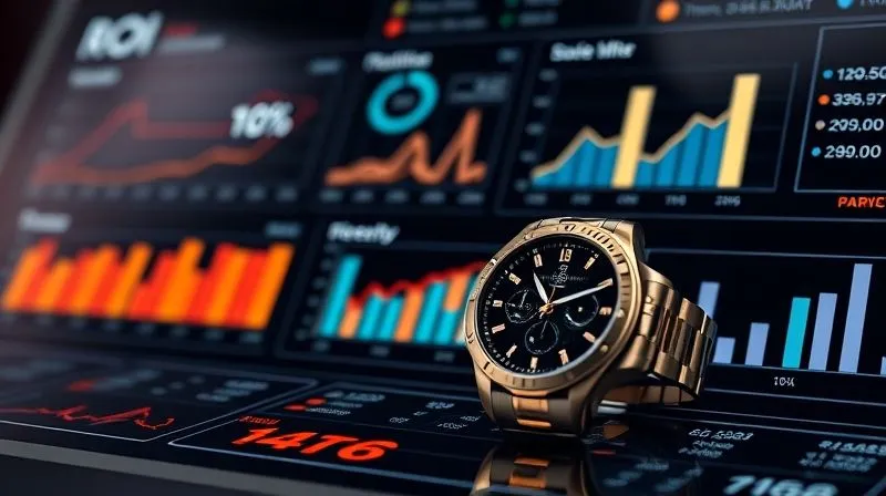 A photorealistic, professional photography, 8K, cinematic lighting, sharp focus, depth of field, shot on a high-end DSLR. A meticulously organized digital dashboard displaying various ROI metrics, including brand awareness graphs, website traffic, and sales attribution, with a luxury watch or jewelry piece subtly integrated into the foreground, symbolizing high-value data.