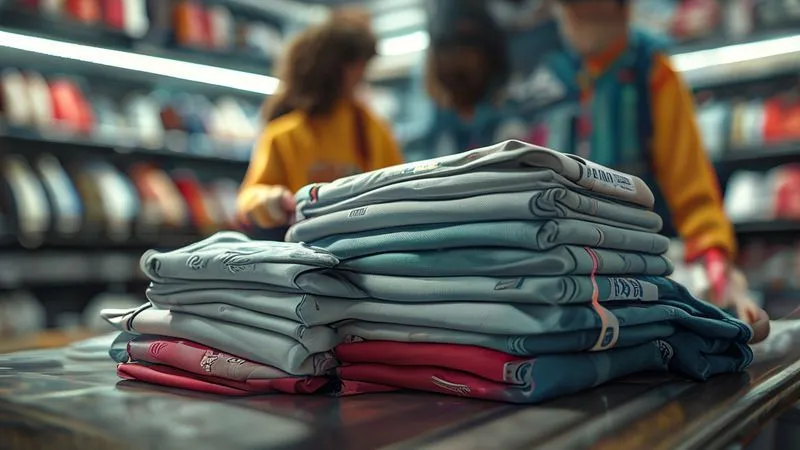 Photorealistic, professional photography, 8K, cinematic lighting, sharp focus, depth of field, shot on a high-end DSLR. A stack of neatly folded but returned active kids wear garments on a retail counter, with a blurred background of a frustrated parent holding a mis-sized garment tag. The scene evokes a sense of disappointment and the hidden costs of returns.