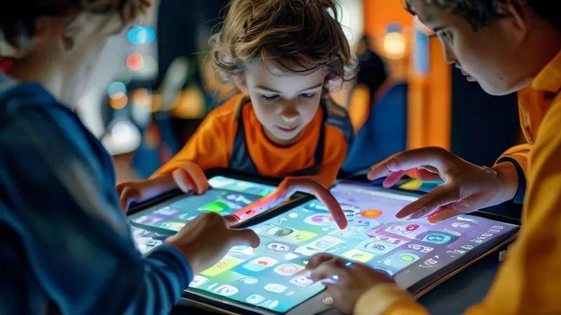 Photorealistic, professional photography, 8K, cinematic lighting, sharp focus, depth of field, shot on a high-end DSLR. A digital interface displaying an interactive size finder tool for kids' activewear on a tablet screen, with a child avatar adjusting its dimensions based on user input. A parent's hand is gently tapping the screen, with blurred active kids wear in the background.