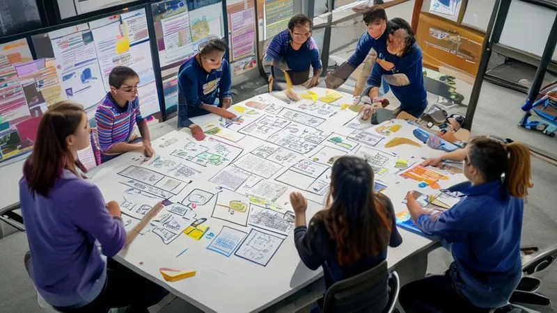 Photorealistic, professional photography, 8K, cinematic lighting, sharp focus, depth of field, shot on a high-end DSLR. A diverse team of designers, product managers, and customer service representatives collaborating around a large whiteboard, filled with notes and diagrams about sizing feedback and product improvements. The atmosphere is energetic and focused, with active kids wear samples scattered on a table nearby.