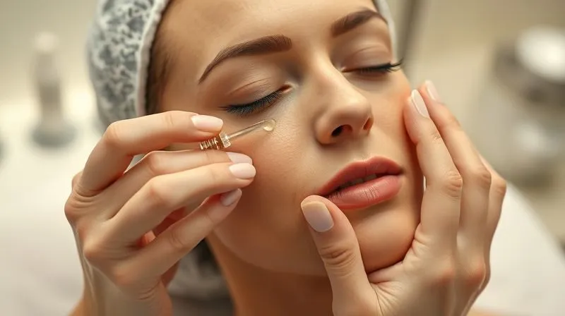 Photorealistic image of a professional aesthetician gently applying a pre-procedure serum to a client's face in a luxurious, sterile clinic setting. The client's skin appears healthy and calm, with soft, diffused lighting highlighting the delicate process. 8K, cinematic lighting, sharp focus, depth of field, shot on a high-end DSLR.