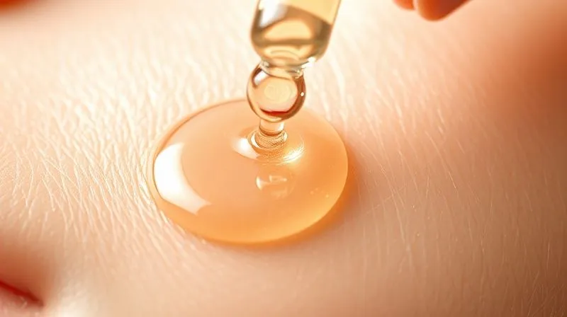 A close-up, photorealistic macro shot of a luxurious, clear serum with tiny encapsulated active ingredients (like peptides or growth factors) being dispensed from a dropper onto healthy, glowing skin. Soft, diffused light highlights the texture of the serum. 8K, cinematic lighting, sharp focus, depth of field, shot on a high-end DSLR.