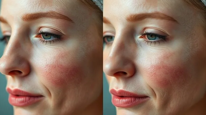 Photorealistic, professional photography, 8K, cinematic lighting, sharp focus, depth of field, shot on a high-end DSLR. A split image showing two different stages of skin recovery: one side showing mild redness and minor swelling after a procedure, and the other side showing significantly calmer, visibly healing skin with minimal redness, illustrating effective post-procedure care. The focus is on the skin texture and tone.