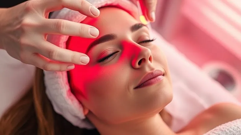 Photorealistic, professional photography, 8K, cinematic lighting, sharp focus, depth of field, shot on a high-end DSLR. A serene client is receiving red LED light therapy on their face in a modern, clean spa environment. The light is soft and therapeutic, highlighting the calm expression of the client. The focus is on the advanced technology and the soothing experience.