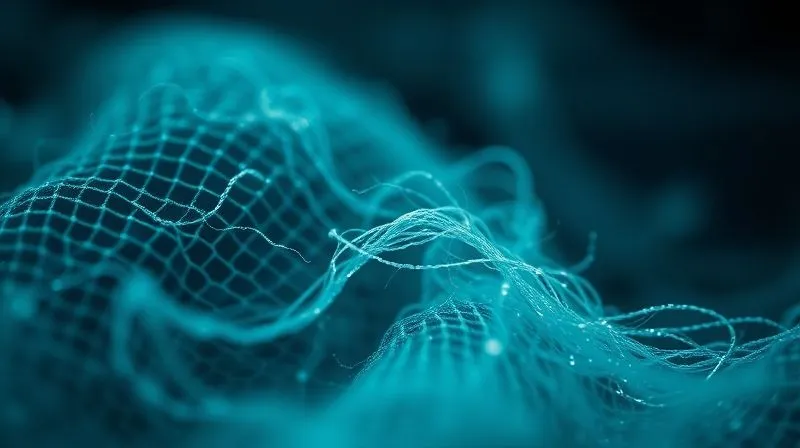 A photorealistic, professional photography, 8K, cinematic lighting, sharp focus, depth of field, shot on a high-end DSLR. A magnified view of a recycled synthetic textile, with microscopic, glowing fibers detaching and floating in a dark, ethereal liquid. The scene evokes a sense of both scientific discovery and environmental concern, with a subtle blue-green light highlighting the detached microfibers.