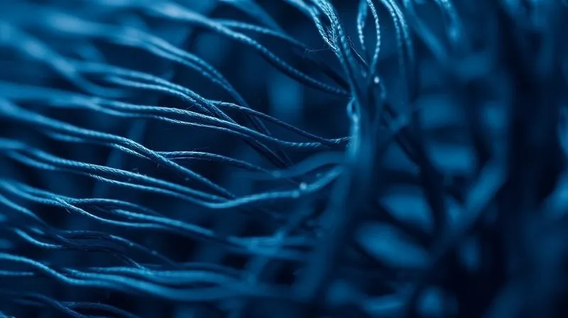 A photorealistic, professional photography, 8K, cinematic lighting, sharp focus, depth of field, shot on a high-end DSLR. A close-up of a tightly woven, intricate recycled synthetic fabric under a microscope, showing individual fibers securely bound within the yarn structure. The image has a futuristic, high-tech feel, highlighting precision engineering in textile design.