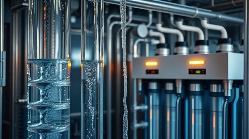 A photorealistic, professional photography, 8K, cinematic lighting, sharp focus, depth of field, shot on a high-end DSLR. A sophisticated water filtration system, with clear pipes showing water moving through different stages of filtration, culminating in crystal-clear water. The scene is industrial but clean, with subtle glowing indicators on the filtration units, symbolizing advanced technology at work.