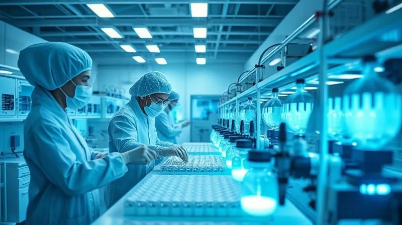 A photorealistic, professional photography, 8K, cinematic lighting, sharp focus, depth of field, shot on a high-end DSLR. A futuristic textile laboratory, with scientists in cleanroom suits working with advanced machinery to synthesize new, glowing biodegradable fibers from recycled materials. The scene is bright and hopeful, conveying innovation and a sustainable future.