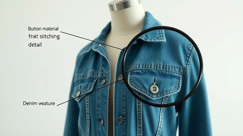 photorealistic, professional photography, 8K, cinematic lighting, sharp focus, depth of field, shot on a high-end DSLR. A casual women's denim jacket displayed on a mannequin, with multiple small, detailed annotations pointing to specific features like button material, stitching detail, and fabric texture. A magnifying glass hovers over a close-up of the denim weave. The background is a clean, bright studio, emphasizing product clarity.