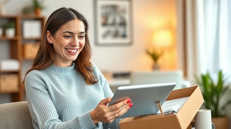 photorealistic, professional photography, 8K, cinematic lighting, sharp focus, depth of field, shot on a high-end DSLR. A woman smiling warmly while interacting with a customer service chat interface on a tablet, with a neatly packaged casual women's garment box nearby. The background is a modern, clean home office setting, conveying ease and helpfulness in the post-purchase experience.