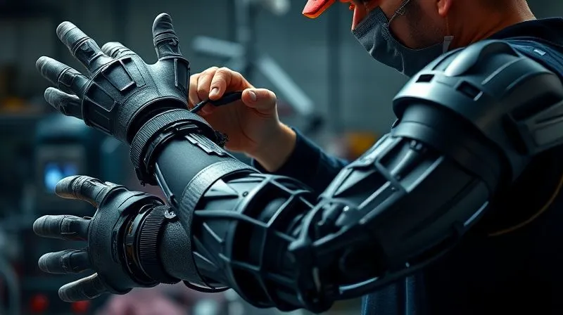 A photorealistic, professional photography, 8K, cinematic lighting, sharp focus, depth of field, shot on a high-end DSLR, showing a skilled costume technician meticulously applying carbon fiber reinforcement strips to the inside of a large, hollow SFX costume arm, highlighting the precision and advanced fabrication techniques.