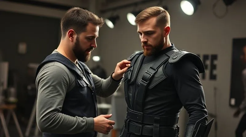 A photorealistic, professional photography, 8K, cinematic lighting, sharp focus, depth of field, shot on a high-end DSLR, showing a costume designer and an actor collaborating during a fitting session for a large SFX costume, the designer adjusting an internal harness while the actor provides feedback, emphasizing teamwork and ergonomic consideration.