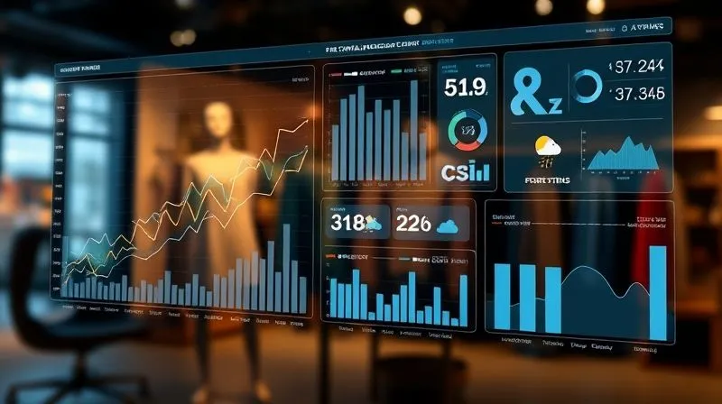 photorealistic, professional photography, 8K, cinematic lighting, sharp focus, depth of field, shot on a high-end DSLR. A sophisticated data visualization dashboard displaying interconnected graphs and charts representing sales trends, social media sentiment, and weather patterns, with a blurred background of a modern fashion design studio. The dashboard glows with actionable insights, symbolizing intelligent forecasting.