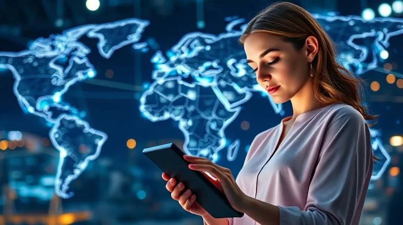 photorealistic, professional photography, 8K, cinematic lighting, sharp focus, depth of field, shot on a high-end DSLR. A dynamic, interconnected network of global shipping routes and factory locations, with lines of light representing fast data flow and agile logistics. A focused female fashion designer is reviewing digital fabric swatches on a tablet in the foreground, symbolizing quick decision-making in an agile supply chain.