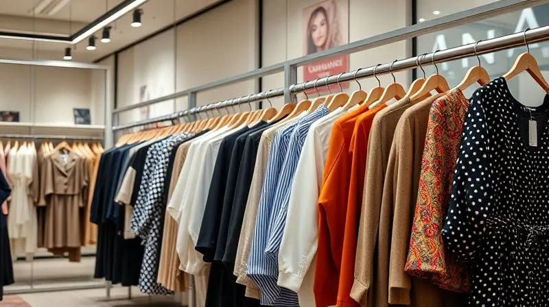 photorealistic, professional photography, 8K, cinematic lighting, sharp focus, depth of field, shot on a high-end DSLR. A stylized retail display of womenswear, with certain items subtly highlighted as 'clearance' or 'archive sale' through elegant signage, distinct from the main collection. The overall aesthetic is still high-end and organized, showing strategic liquidation rather than desperate fire sale.
