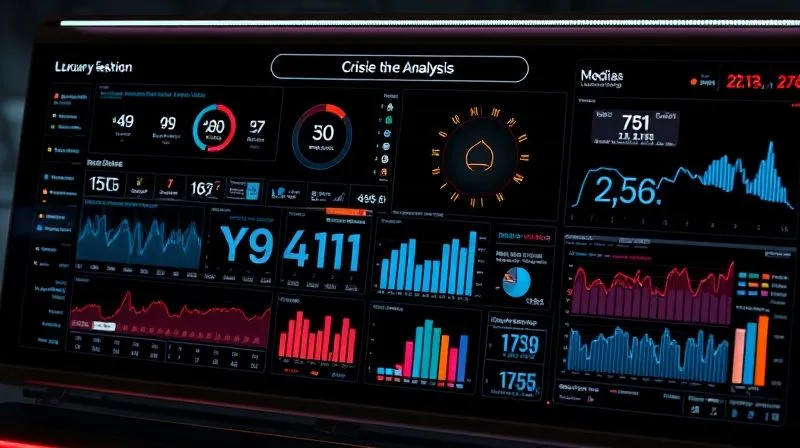 A photorealistic image of a sleek, futuristic digital dashboard displaying real-time social media sentiment analysis and media mentions for a luxury fashion brand, with a 'crisis alert' notification prominently visible. Cinematic lighting, 8K, professional photography, sharp focus on the data, depth of field.