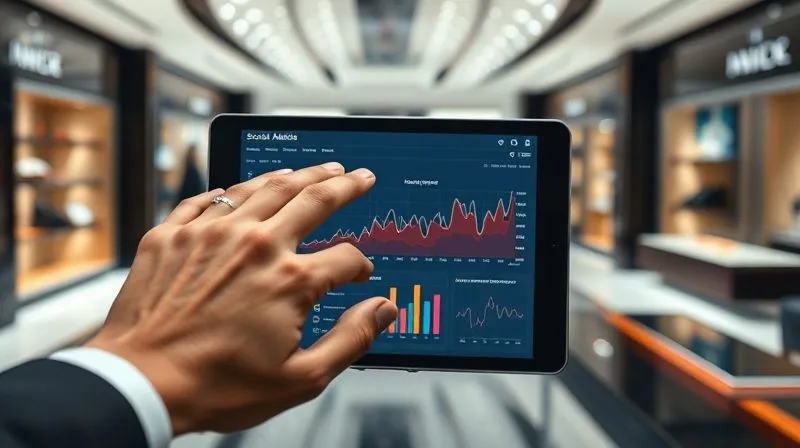 A photorealistic image of a hand hovering over a tablet displaying intricate social media analytics, with graphs showing spikes in negative sentiment and engagement metrics. The background is a subtly blurred, elegant luxury brand showroom. 8K, professional photography, sharp focus on the tablet screen, depth of field.