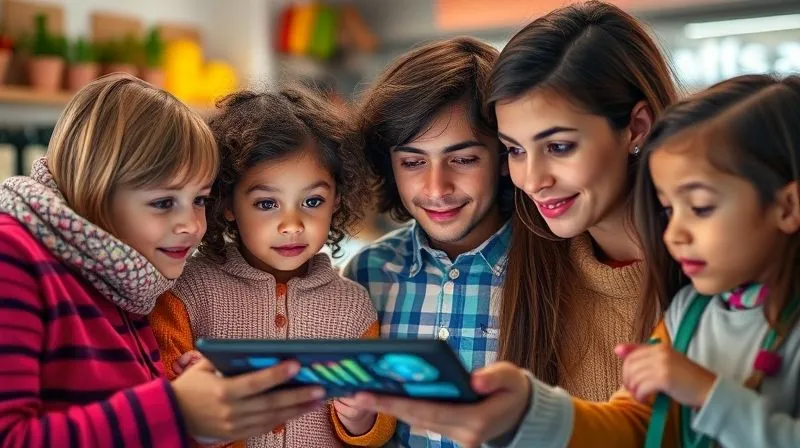 A photorealistic image of a diverse group of parents and children looking at colorful kids' accessories on a digital screen, with data visualizations subtly overlaid, representing market intelligence and predictive analytics. Cinematic lighting, sharp focus on the faces, depth of field, 8K, shot on a high-end DSLR.