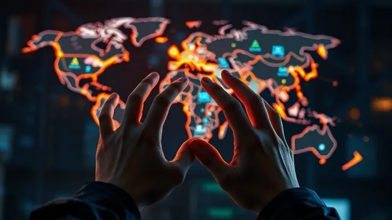 A photorealistic, professional photography, 8K, cinematic lighting, sharp focus, depth of field, shot on a high-end DSLR, showing a network of glowing digital lines connecting various points on a global map, representing real-time supply chain visibility. In the foreground, hands are interacting with a holographic display showing data dashboards related to kids' accessory logistics.
