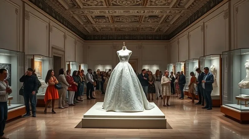 photorealistic, professional photography, 8K, cinematic lighting, sharp focus, depth of field, shot on a high-end DSLR, a lavishly designed museum exhibition hall, showcasing a single, iconic haute couture gown on a spotlighted pedestal, surrounded by elegant display cases, with a diverse crowd of captivated visitors admiring the craftsmanship, conveying a sense of cultural reverence and wonder.