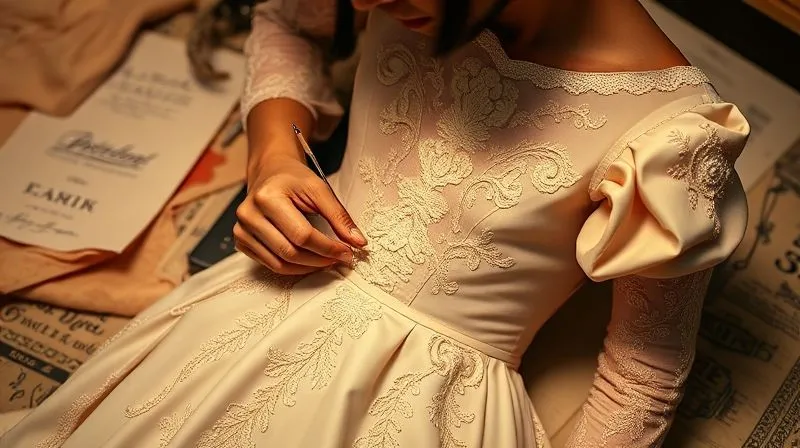 photorealistic, professional photography, 8K, cinematic lighting, sharp focus, depth of field, shot on a high-end DSLR, a skilled haute couture artisan meticulously hand-stitching intricate details onto a re-edition of a vintage gown, surrounded by historical patterns and fabric swatches, emphasizing the dedication to craftsmanship and the fusion of past and present techniques.