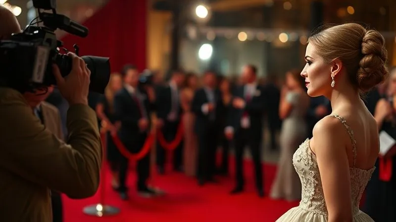 photorealistic, professional photography, 8K, cinematic lighting, sharp focus, depth of field, shot on a high-end DSLR, a sophisticated, well-dressed woman attending a red carpet event, wearing a historically inspired haute couture gown, with a film crew capturing her image, symbolizing the successful integration of archived fashion into contemporary media and high-profile events, a blend of timeless elegance and modern glamour.