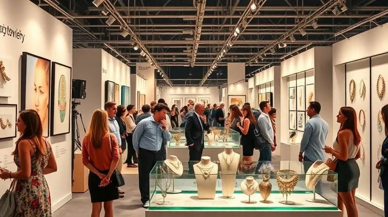 Photorealistic image of a vibrant, high-end contemporary art fair booth, showcasing unique jewelry pieces under warm, inviting lighting. Diverse, well-dressed people are engaging with the art, with a focus on a display of sculptural jewelry. 8K, cinematic lighting, sharp focus, depth of field, shot on a high-end DSLR.