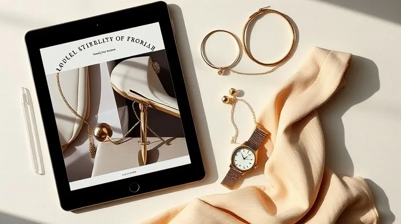 A photorealistic, elegant flat lay of a minimalist accessory capsule wardrobe (a delicate gold necklace, a classic watch, simple stud earrings, a thin bracelet) placed next to an open, sleek tablet displaying a digital styling guide e-book with a similar aesthetic, all bathed in soft, natural light on a neutral background, 8K, sharp focus, depth of field, shot on a high-end DSLR.