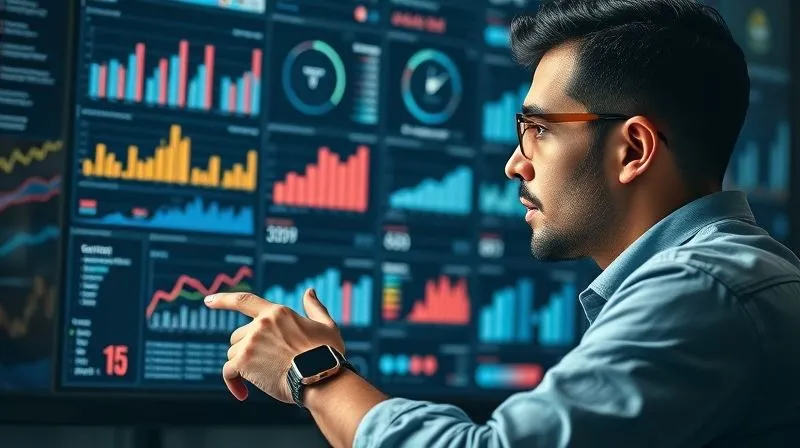 A photorealistic image of a professional influencer thoughtfully analyzing a complex digital dashboard filled with various charts, graphs, and data points related to social media analytics and sales conversions, with a minimalist accessory (e.g., a sleek watch) subtly visible on their wrist, cinematic lighting, sharp focus on the screen and the influencer's face, depth of field, 8K, shot on a high-end DSLR.