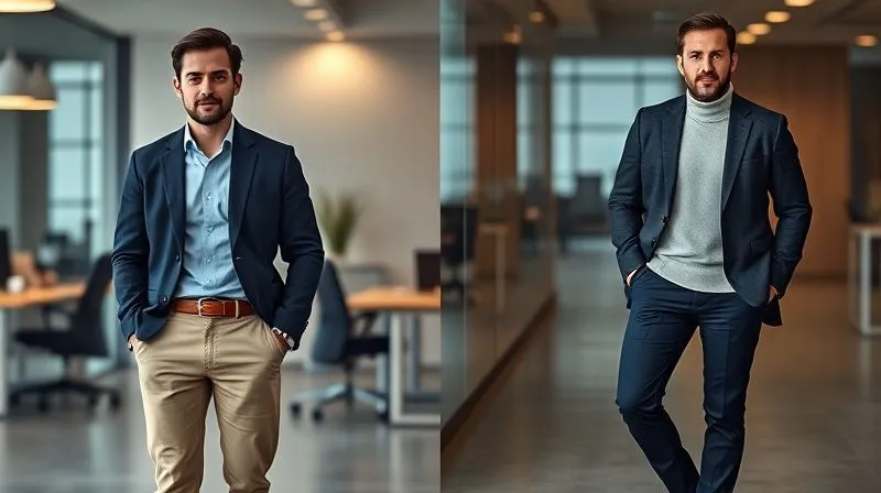 Photorealistic, professional photography, 8K, cinematic lighting, sharp focus, depth of field. A split image or diptych showing two men. On the left, a man in a classic 'business casual' outfit: standard navy blazer, light blue Oxford shirt, khaki chinos, and brown loafers. On the right, a man in a 'smart casual' outfit: tailored charcoal blazer, slim-fit navy trousers, a fine gauge merino wool sweater over a crisp white shirt, and stylish dark leather chukka boots. Both men are in a modern office environment, showcasing the subtle but distinct differences in style and polish.