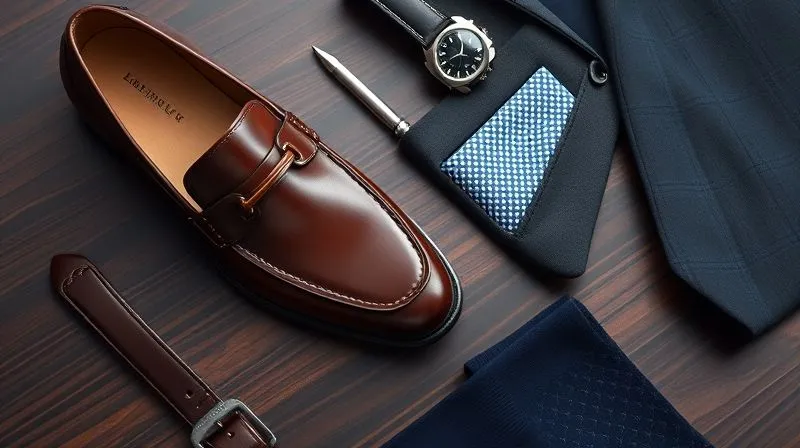 Photorealistic, professional photography, 8K, cinematic lighting, sharp focus, depth of field. A close-up, flat lay shot of premium men's accessories arranged artfully on a dark wooden surface. Items include: a polished brown leather loafer, a matching dark brown leather belt, a classic silver watch with a leather strap, a subtly patterned silk pocket square peeking from a blazer pocket, and a pair of dark blue patterned socks. The focus is on the textures and quality of the materials.