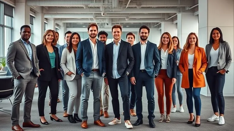 Photorealistic, professional photography, 8K, cinematic lighting, sharp focus, depth of field. A diverse group of professionals in a modern, open-plan office. Some are dressed in classic business casual (blazers, chinos), others in more elevated smart casual (unstructured blazers, fine knitwear, dark jeans, stylish sneakers). The scene captures a sense of harmonious co-existence of different formality levels, emphasizing subtle elegance and individual style within a professional environment.